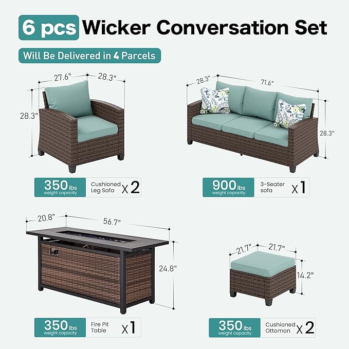 Patio Furniture Set Outdoor Furniture Brown Wicker Rattan Patio Conversation Sets with Cushion Outside Sofa Set,5 Pieces with Rectangular Firepit Table,7 Seats,Blue
