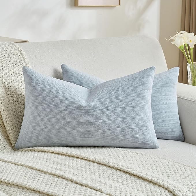 FUTEI Light Blue Decorative Throw Pillow Covers 12x20 Inch Set of 2,Soft Cozy Wheat Ear Striped Patterns Lumbar Pillow Cases,Modern Home Decor for Couch Bed Living Room