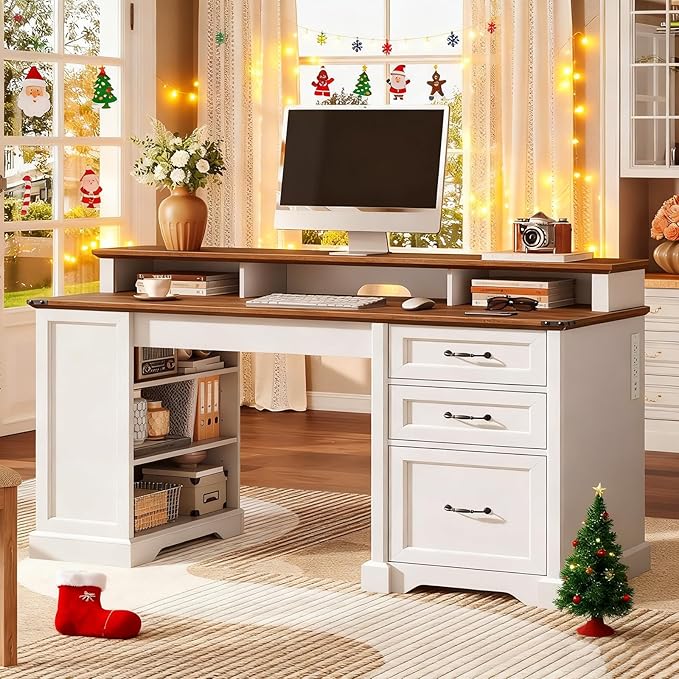 55'' Farmhouse Executive Desk with Drawers, Computer Desk with File Cabinet and Side Bookshelf, Writing Gaming Desk with Monitor Stand & Charging Station, White and Walnut