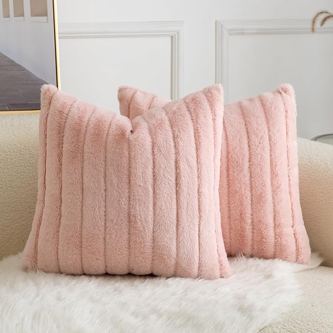 Pack of 2 Faux Fur Throw Pillow Covers 22x22 Inch Striped Decorative Soft Plush Couch Pillow Case Home Decor for Bed, Sofa, Living Room Pink