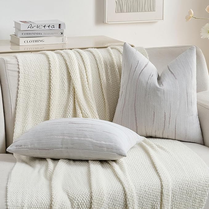 FUTEI Grey Chenille Decorative Throw Pillow Covers 24x24 Inch Set of 2,Soft Embossed Striped Textured European Cushion Case,Modern Home Decor for Couch Bed Living Room