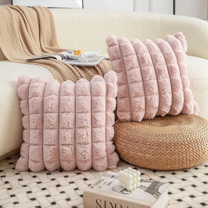 Neelvin Pink Faux Fur Cozy Soft Plaid Decorative Throw Pillow Covers 22x22 inch Set of 2,Velvet Pillowcase Cushion Case for Sofa Couch