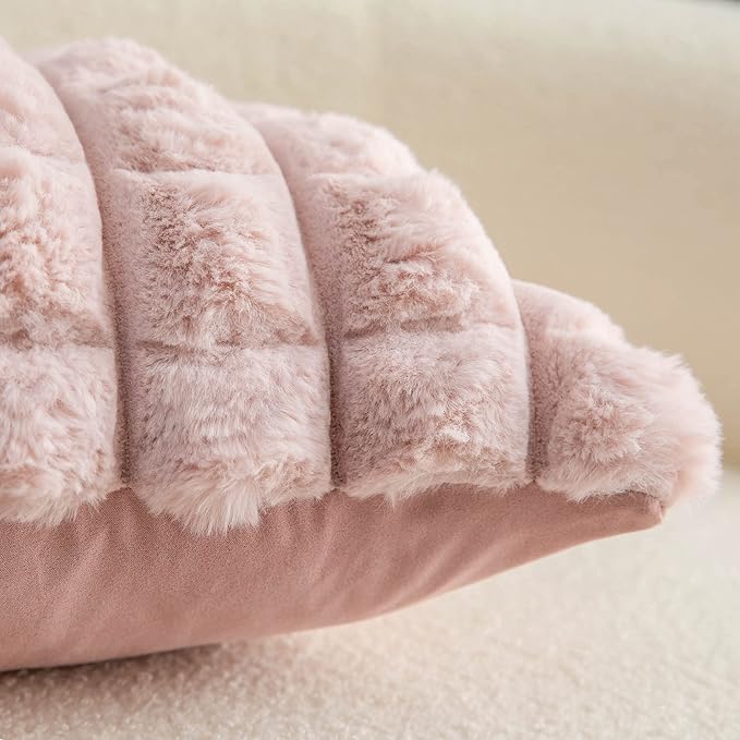 Neelvin Pink Faux Fur Cozy Soft Plaid Decorative Throw Pillow Covers 22x22 inch Set of 2,Velvet Pillowcase Cushion Case for Sofa Couch