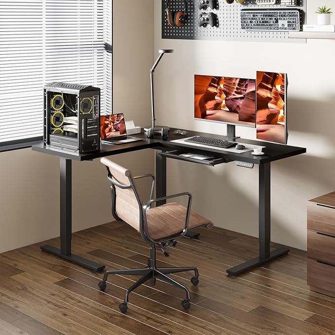 L-Shaped Standing Desk, 63 x 55 Inches Height Adjustable Desk with Storage, Sit and Stand up for Work Office Home, Ergonomic Rising Computer Table for Home Office with Splice Board, Black