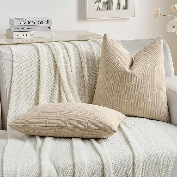 FUTEI Oatmeal Chenille Decorative Throw Pillow Covers 22x22 Inch Set of 2,Soft Cozy Striped Geometric Patterns Cushion Case,Modern Home Decor for Couch Bed Living Room