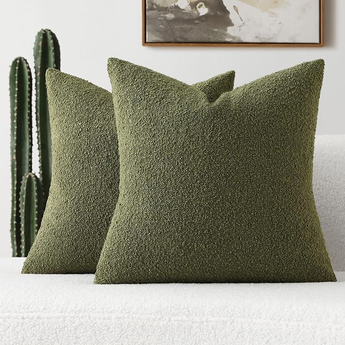 FUTEI Pack of 2 Moss Green Decorative Throw Pillow Covers 16x16 Inch Soft Cozy Solid Boucle Textured Cushion Case,Modern Home Decor for Couch Bed Living Room