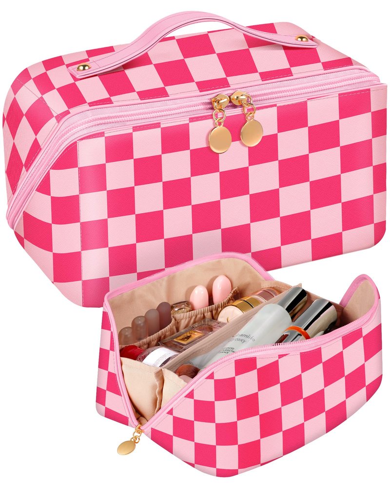 Bistup Makeup Bag Travel Cosmetic Bag Toiletry Make Up Bags Cute Women Large Capacity Big Medium Leather Checkered Plaid Hotpink Aesthetic Girl Teen Teenage Foldable Expandable Open Flat Zip