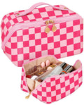 Bistup Makeup Bag Travel Cosmetic Bag Toiletry Make Up Bags Cute Women Large Capacity Big Medium Leather Checkered Plaid Hotpink Aesthetic Girl Teen Teenage Foldable Expandable Open Flat Zip