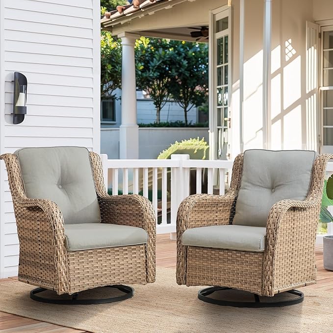 HUMMUH Outdoor Swivel Rocker PE Wicker Patio Chairs Set of 2, Rattan Rocking Chair Furniture Set (Yellow,Beige)