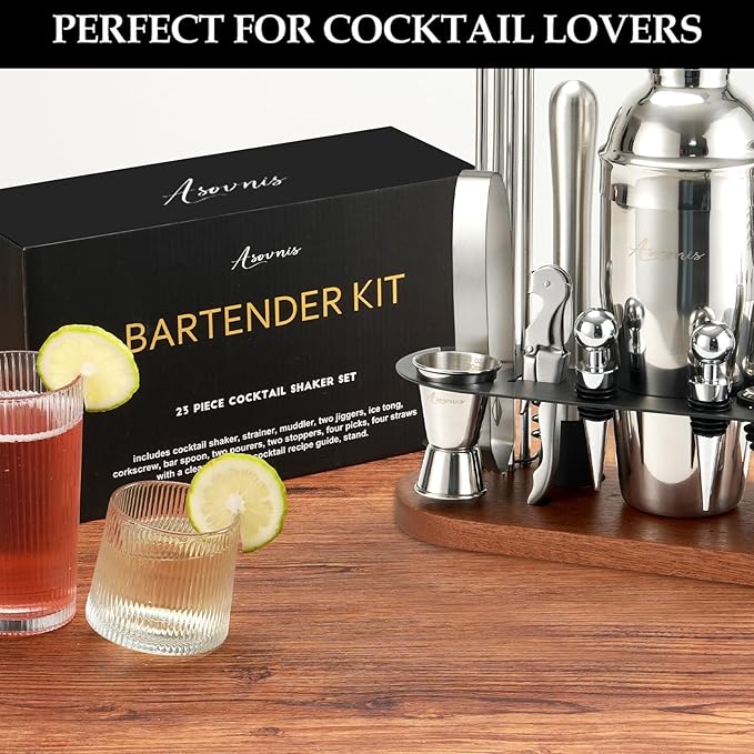 Cocktail Shaker Set Bartender Kit with Stand | 23-Piece Bar Set Drink Mixer Set with All Essential Bar Tools: Martini Shaker, Jigger, Strainer, Spoon, Muddler, Pourers, for Home, Bar, Party