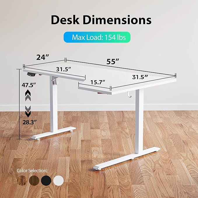 Agilestic Electric Standing Desk, L-Shaped 55 Inches Height Adjustable Desk, Sit and Stand up for Work Office Home, Ergonomic Rising Computer Table for Home Office with Splice Board, White