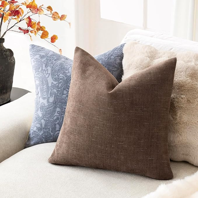 Foindtower Set of 2 Soft Textured Chenille Throw Decorative Pillow Covers Square Accent Solid Cushion Cover Cozy Neutral Farmhouse Pillow Case for Couch Sofa Bedroom Living Room 24x24 Inch, Chocolate