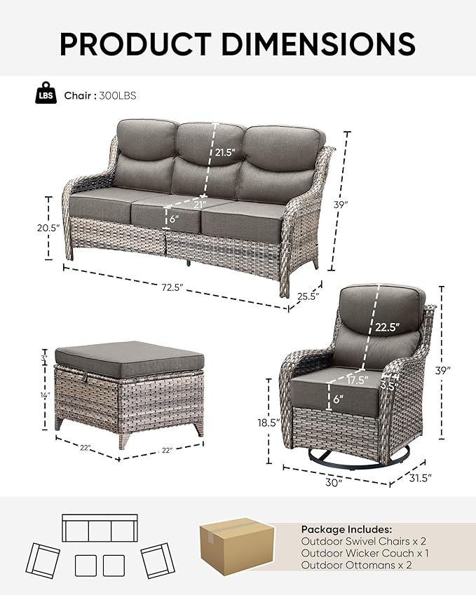 HUMMUH Wicker Patio Furniture Set 6 Inch Thick Cushion Outdoor Swivel Rocker Patio Chairs with Deep Seat Sofa 5PCS Outdoor Furniture Set for Porch Garden Deck
