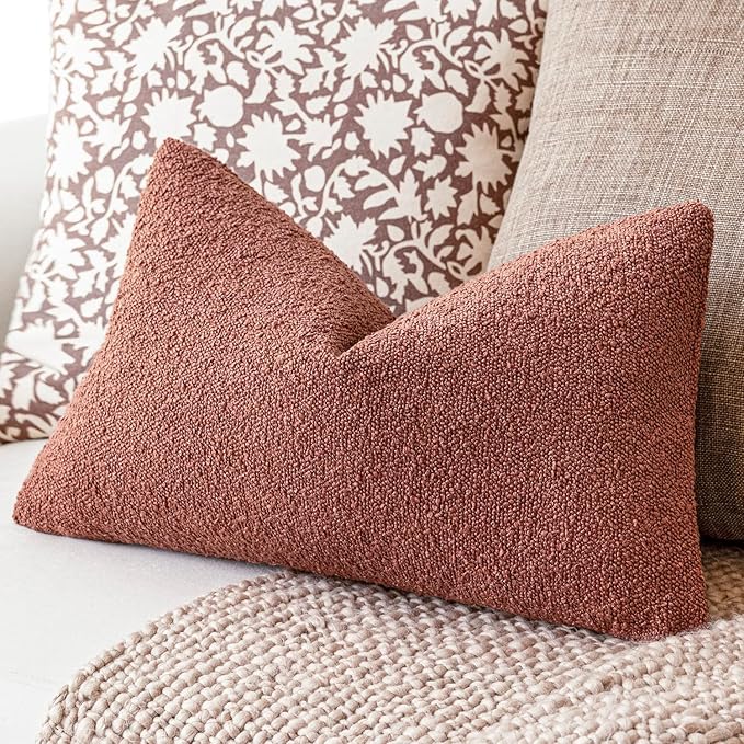 Foindtower Pack of 2 Textured Boucle Throw Pillow Covers Accent Solid Decorative Lumbar Pillow Cases Cozy Couch Cushion Case for Chair Sofa Bedroom Living Room Home Decor 12x20 Inch Orange Rust Red