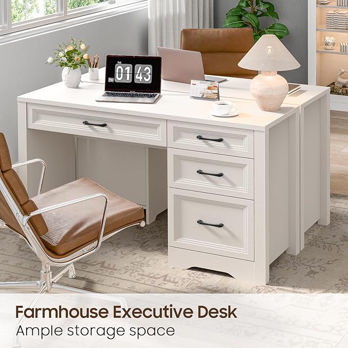 Vabches Farmhouse Executive Desk with Storage and Ample File Drawer, Rustic Large Home Writing Desk for Bedroom, Pure White