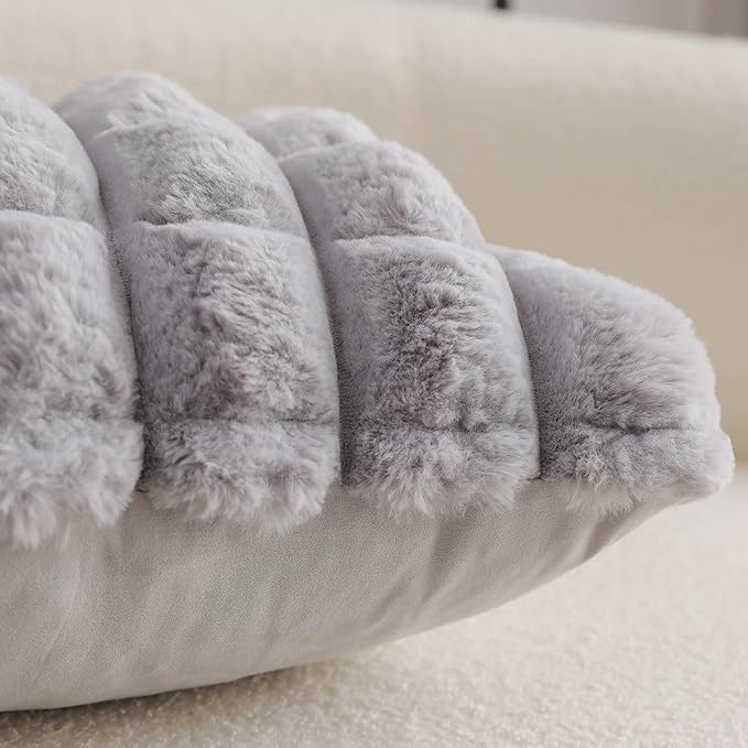 Neelvin Grey Faux Fur Cozy Soft Plaid Decorative Throw Pillow Covers 18x18 inch Set of 2,Velvet Pillowcase Cushion Case for Sofa Couch