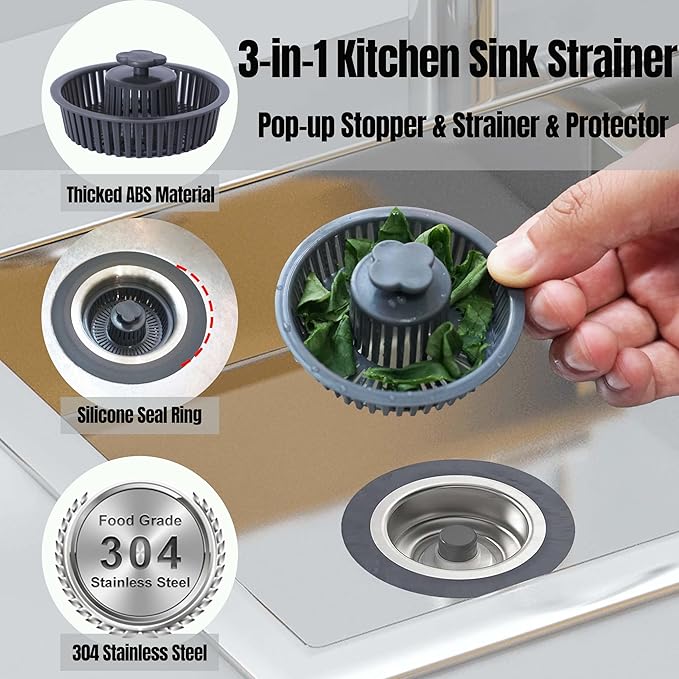 Kitchen Sink Drain Strainer Stopper 304 Stainless Steel 3 in 1 Sink Protectors Pop Up Anti-Clogging Kitchen Sink Stopper Basket Filter for US Standard 3-1/2 Inch Drain Cover