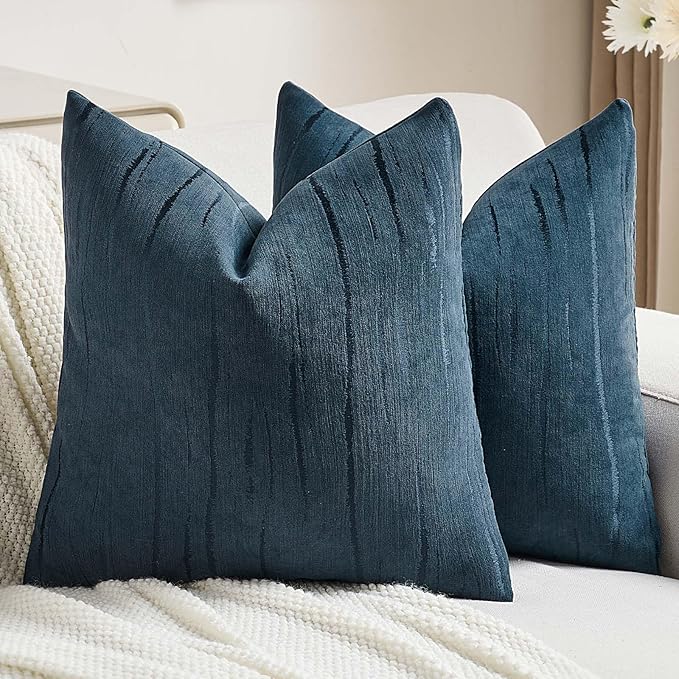 FUTEI Navy Blue Chenille Decorative Throw Pillow Covers 18x18 Inch Set of 2,Soft Embossed Striped Textured Cushion Case,Modern Home Decor for Couch Bed Living Room