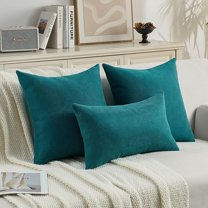 FUTEI Teal Chenille Throw Pillow Covers 22x22 Inch Set of 2,Soft Wide Chevron Textured Cushion Case,Farmhouse Home Decor for Couch Bed Living Room