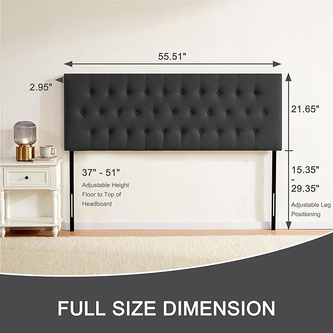 Tufted Upholstered Headboard Full Size, Solid Wood Head Board with Durable Metal Legs, Adjustable Height Full XL headboard from 37” to 51” Fabric Headboard in Modern Button Design, Black