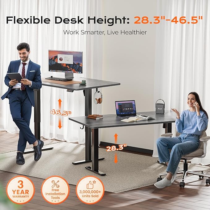 Huuger 63 x 28 Large Electric Standing Desk, Height Adjustable Computer Desk, 27.6" Deep Desktop, Stand up Gaming Office Table with 2 Hooks, 3 Preset Heights, for Home Office, Grey