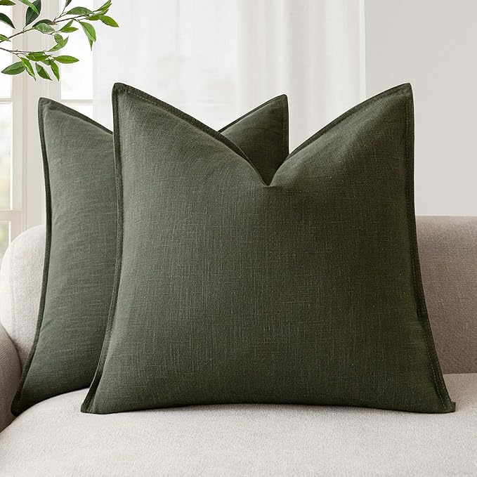 Foindtower Pack of 2, Decorative Linen Solid Throw Pillow Covers Soft Accent Cushion Case Farmhouse Neutral Pillowcase for Chair Couch Sofa Bedroom Living Room Home Decor 20x20 Inch Dark Olive Green