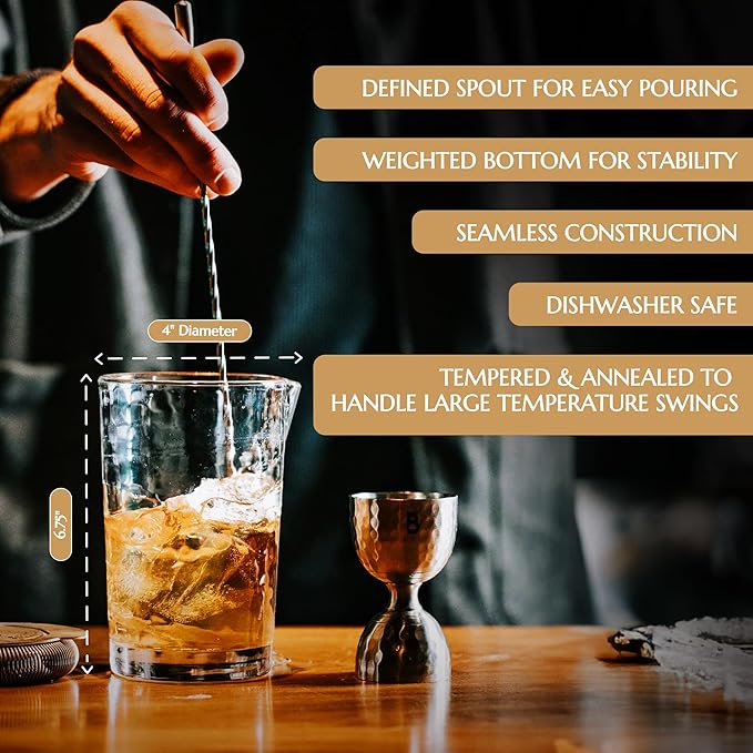 4 Piece Cocktail Kit by Bull In China - Premium Bartender Gift Set Includes Flagship Mixing Glass, 12 inch Barspoon, Bell Jigger & Hawthorne Strainer For Professional & Home Bars (Gold)