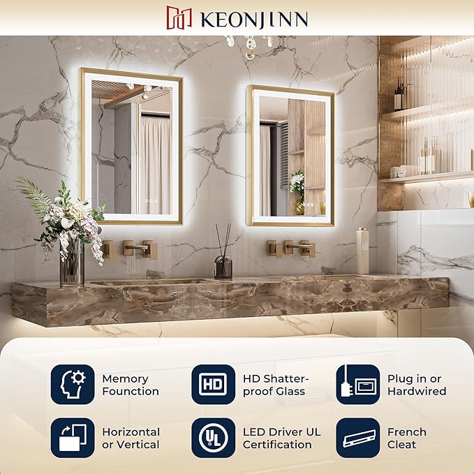 Keonjinn Gold LED Bathroom Mirror 40 x 24 Inch with Frontlit & Backlit, Lighted Mirrors Metal Framed for Wall, Stepless 3 Colors Lights, Anti Fog, Tempered Glass, Brighter and No Dark Corner