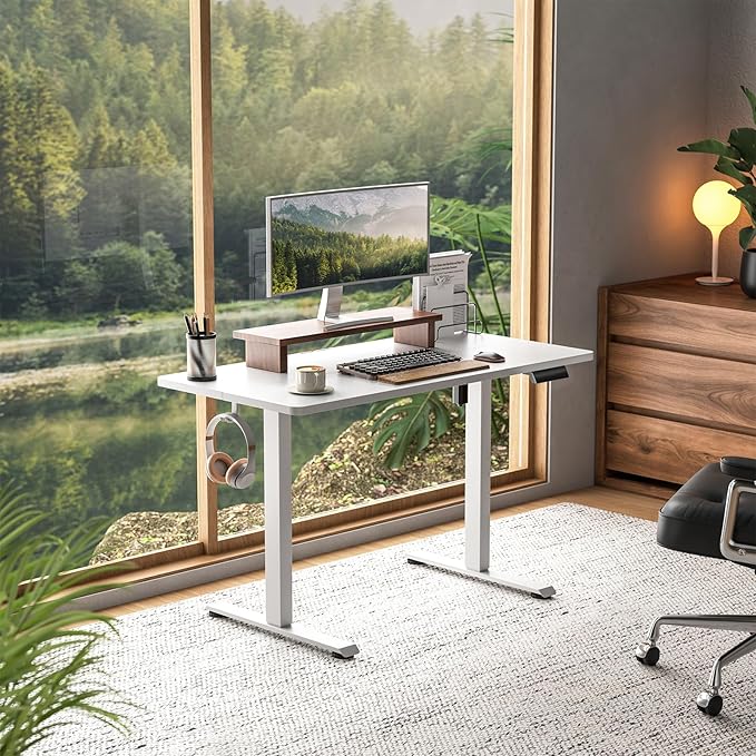 Veken 47.2 Inch Large Electric Standing Desk, Heights Adjustable, Sit to Stand Up, Work Home Office Computer Table for Study, Walking Pad, Writing, and Games, Wooden Desktop Desks, White
