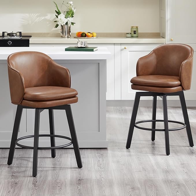 Counter Height Barstools 26 inch Upholstered Swivel Bar Stools with Back and Wood Legs for Kitchen Island,Set of 2,Brown PU Leather