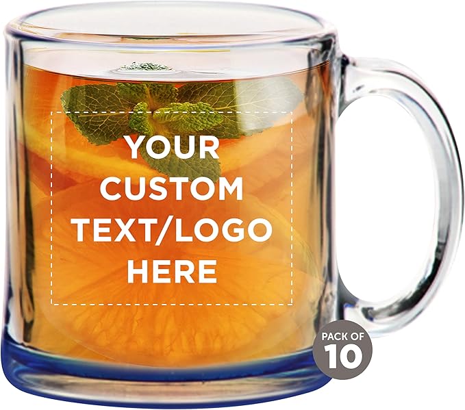 Custom Libbey Clear Glass Coffee Mugs 13 oz. Set of 10, Personalized Bulk Pack - Perfect for Coffee, Tea, Espresso, Hot Cocoa, Other Beverages - Blue Bottom