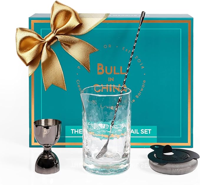 4 Piece Cocktail Kit by Bull In China - Premium Bartender Gift Set Includes Flagship Mixing Glass, 12 inch Barspoon, Bell Jigger & Hawthorne Strainer For Professional & Home Bars (Gunmetal Black)