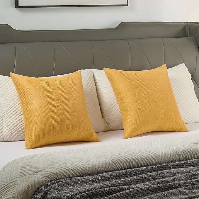 FUTEI Mustard Yellow Chenille Throw Pillow Covers 16x16 Inch Set of 2,Soft Wide Chevron Textured Cushion Case,Farmhouse Home Decor for Couch Bed Living Room