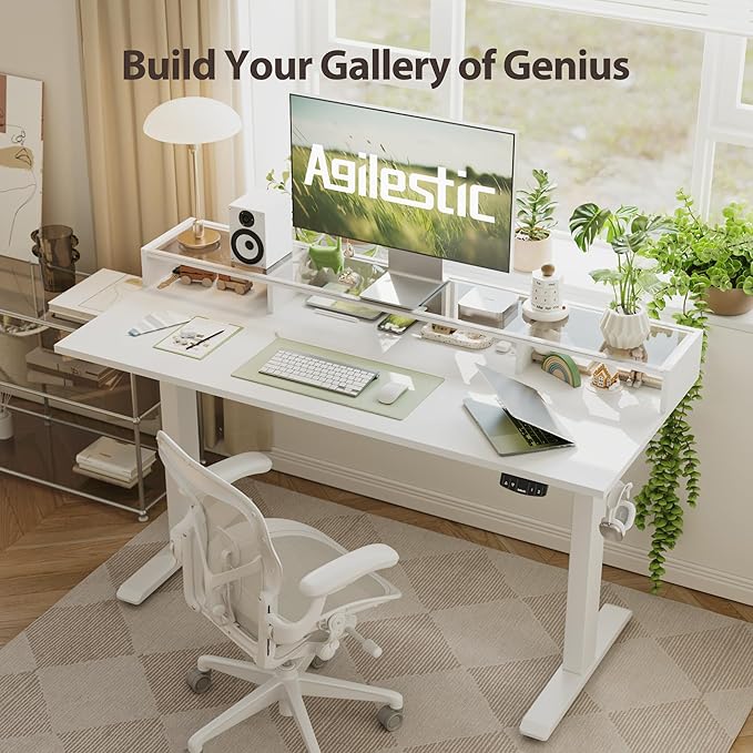 Agilestic Glass Standing Desk with Storage, 48 Inch Electric Adjustable Desk with Glass Shelf, Sit Stand Up Home Office Computer Table, Splice Board, White