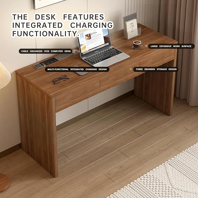 55-Inch Office Desk with Pull-Out Outlet, Computer Desk with 3 Sturdy Drawers, Writing/Gaming/Work/Study Desk for Bedroom, Living Room & Home Office, Brow (Brown, 55)