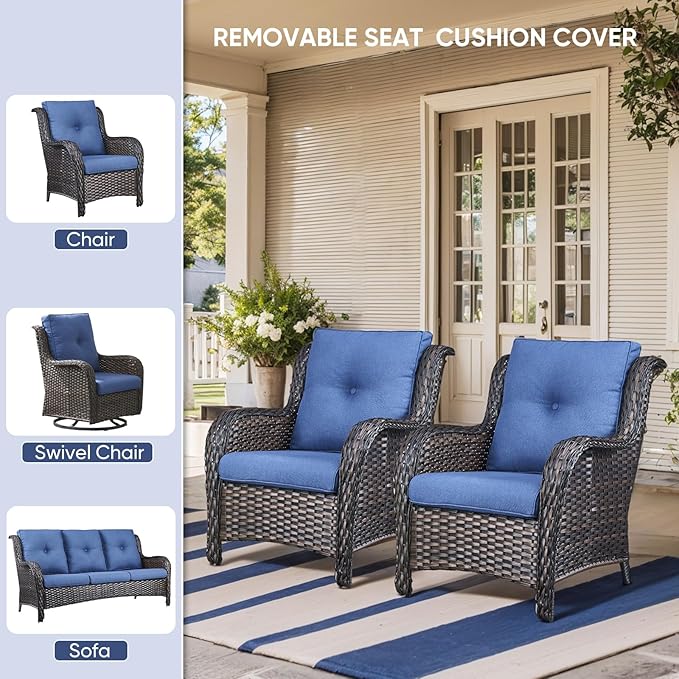 Outdoor Wicker Chair Cushions 2 Packs - Outside High Back Thick Water-Resistant Cushion 22x24 with Zipper Cover for Patio Glider Rocking Chairs Loveseat Couch – Blue/Buckle