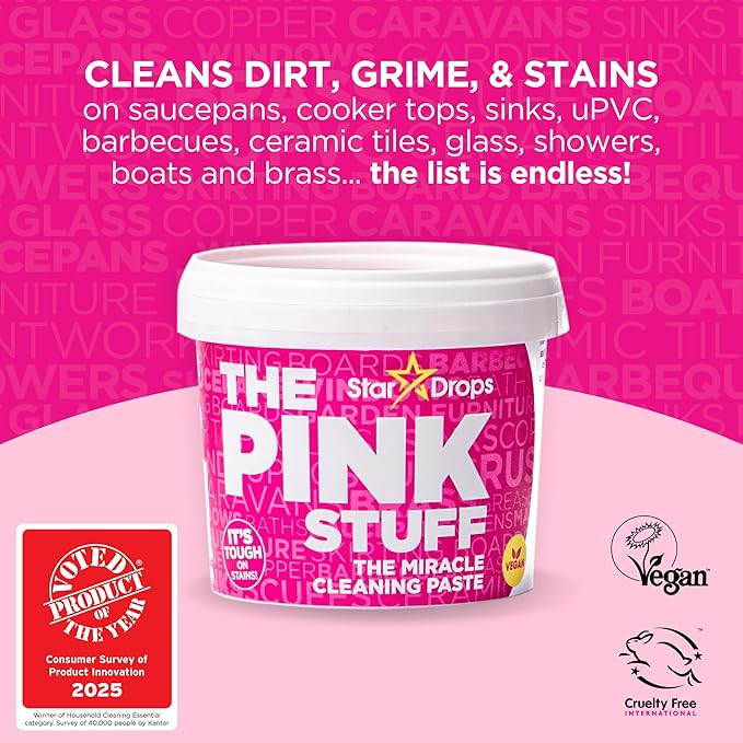 Stardrops - The Pink Stuff Bathroom Cleaning Kit – Cleaning Paste, Bathroom Foam Spray, Toilet Foaming Powder, SQeeZY Sponge & 3 Microfiber Cloths – Tough on Stains, Grease & Soap Scum