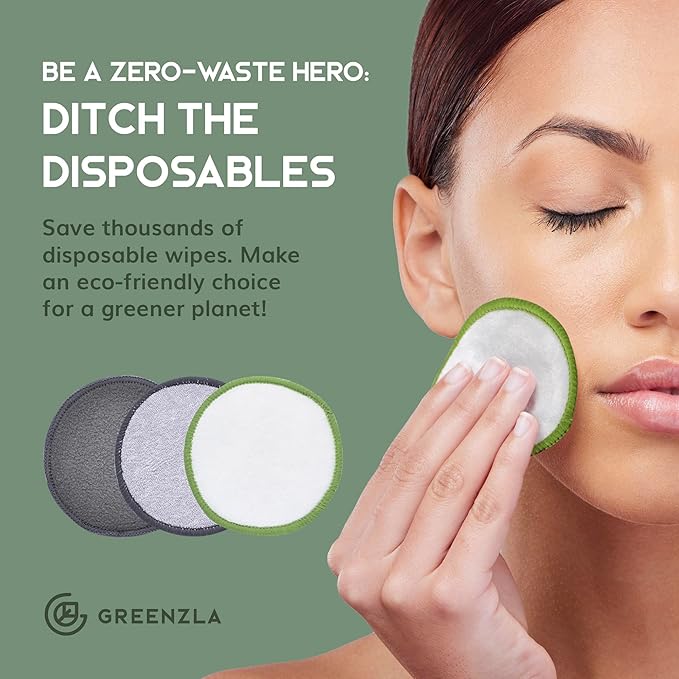 Greenzla Reusable Makeup Remover Pads Travel Set - 12 Pack Microfiber Cotton Pads, Dark Charcoal Cotton Rounds, and Bamboo Terry Face Wipes for All Skin Types with Mesh Laundry Bag and Travel Pouch