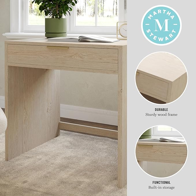 Martha Stewart Kayden Home Office Modular Desk with Drawer in Light Natural with Brushed Gold Hardware