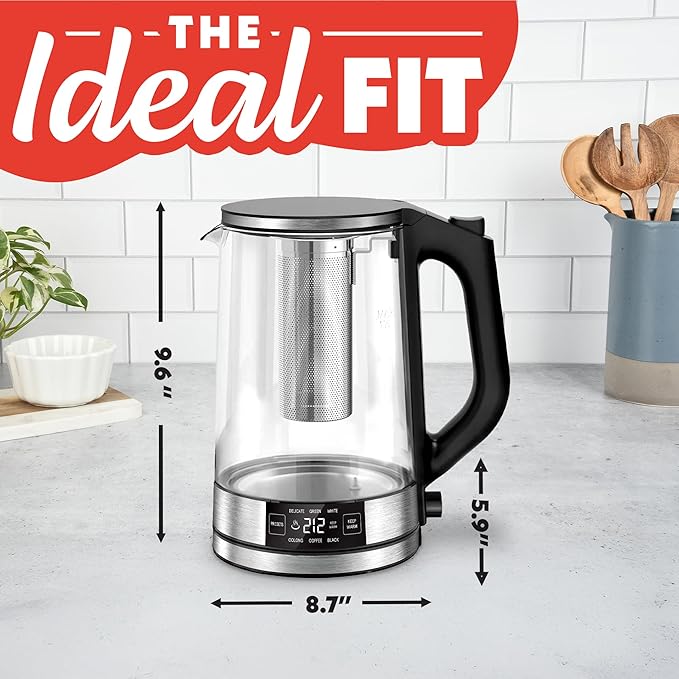 Gourmia Programmable Digital Glass Kettle – 1.7L Adjustable Temperature Electric Kettle with 6 Presets, Keep Warm, Stainless Steel Tea Infuser, 360° Swivel Base, Black