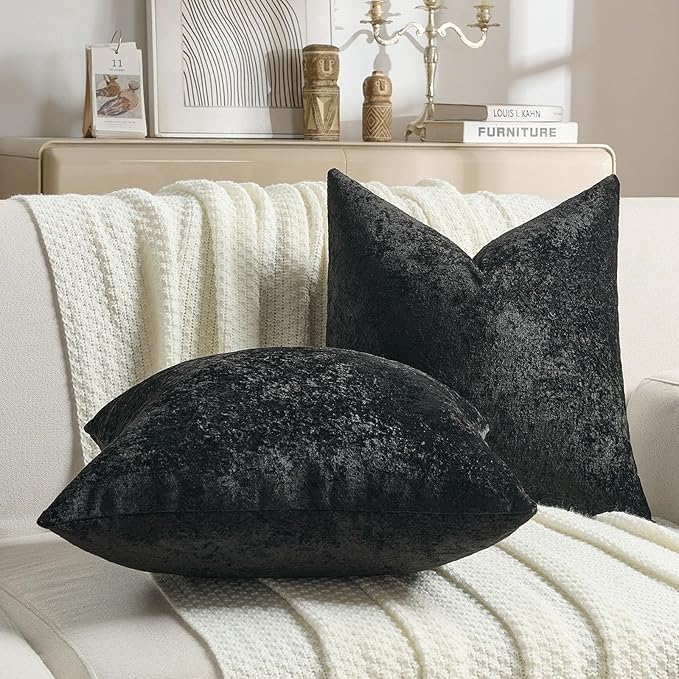 FUTEI Black Flannel Throw Pillow Covers 18x18 Inch Set of 2,Soft Dimensional Textured Cushion Cases,Modern Home Decor for Couch Living Room