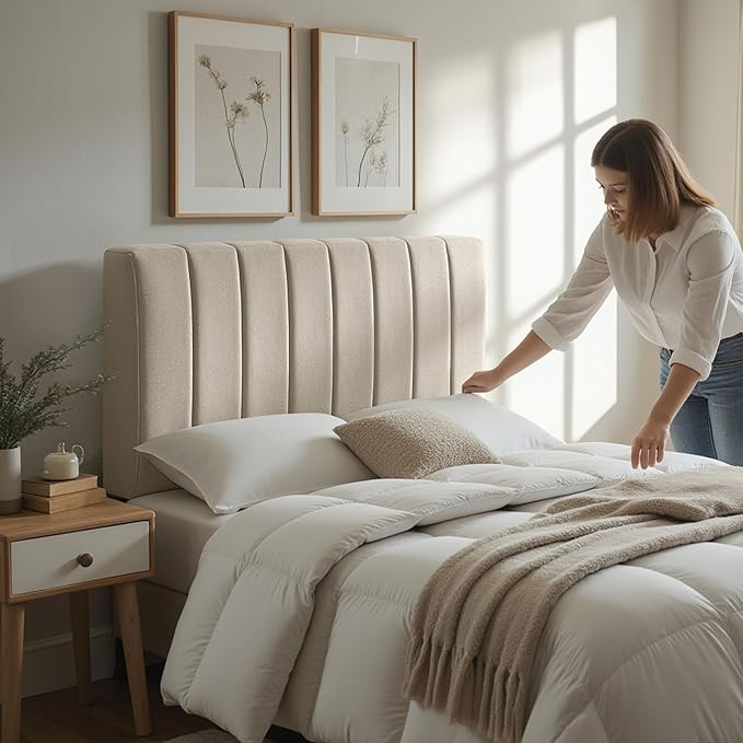Upholstered Full Headboard - Easy Assemble Channel Stitched Headboard Full Size - Wall Mounted Headboards with 3D Soundproof Wall Panels Peel & Stick Floating Headboards, Beige