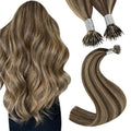 YoungSee 20in Nano Bead Hair Extensions Dark Brown Highlight Caramel Blonde Nano Hair Extensions Brown Human Hair Nanolink Hair Extension Cold Fusion Nanoring Natural Hair 50 Strands 50g for Wedding