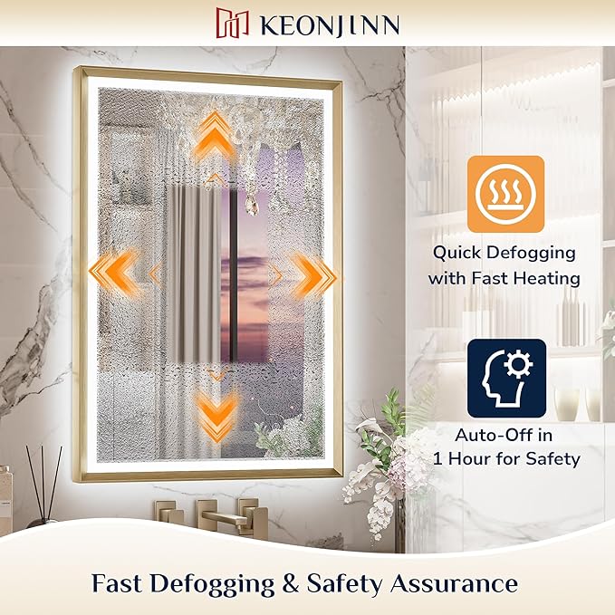 Keonjinn 24” x 32” LED Bathroom Mirror with Frontlit & Backlit, Gold Metal Framed Beveled Edge Mirror for Wall, LED Mirror with Anti Fog, Stepless 3-Color Temperatures, UL-Listed LED Driver
