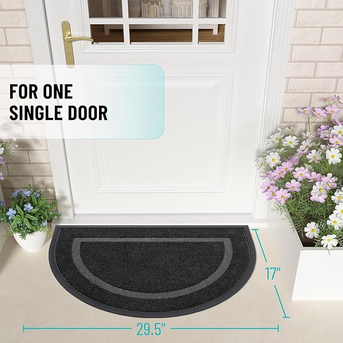 OLANLY Half Circle Door Mat Indoor Outdoor Entrance Welcome, Waterproof All-Season, All-Weather Doormat, Sturdy Natural Rubber, Low Profile, Easy Clean Patio Porch Entryway Mat, 29.5x17, Black