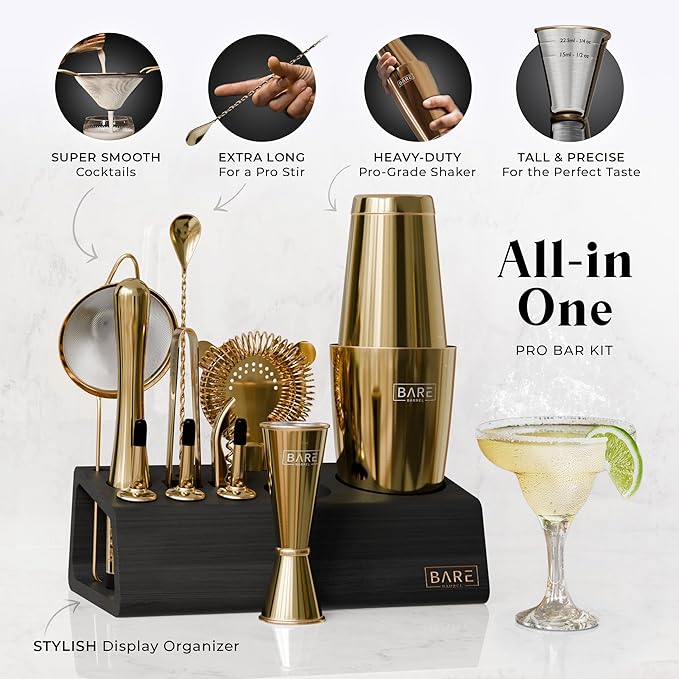 BARE BARREL® Mixology Bartender Kit Bar Set | 14-Piece Cocktail Shaker Set | Martini Barware Mixing Tools for Home Bartending | Incl. 35 Recipe Cards | Gift Set (28oz Boston Shaker, Gold/Black)
