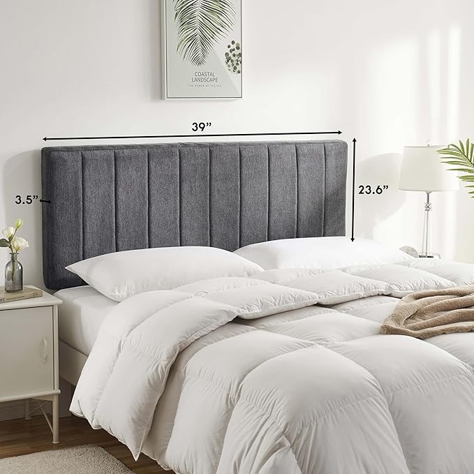 Hearth & Harbor Upholstered Twin Headboard - Easy Assemble Channel Stitched Headboard Twin Size - Wall Mounted Headboards with 3D Soundproof Wall Panels Peel & Stick Floating Headboards, Grey