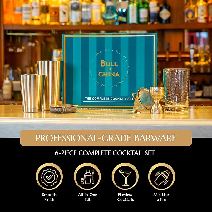 Shaken & Stirred Cocktail Set by Bull in China - Premium Bartender Gift Set w/ 2 Piece Weighted Shaker, Hammered Jigger, Hawthorne Strainer, Fine Mesh Strainer, Mixing Glass & Barspoon (Copper)