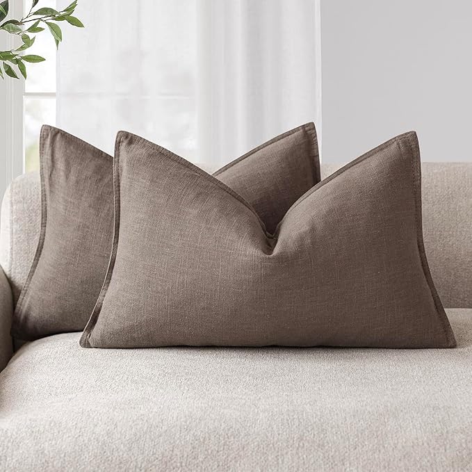 Foindtower Pack of 2, Decorative Linen Soild Throw Pillow Covers Accent Lumbar Cushion Case Boho Farmhouse Pillowcase for Chair Couch Sofa Bedroom Living Room Home Decor 12x20 Inch Light Coffee