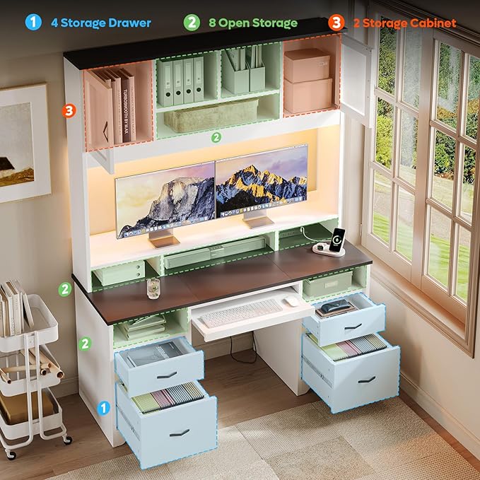 Bestier 77.8" H Executive Desk with Hutch, Modern Wood Computer Desk with Drawers, Charging Station, LED Light, Fluted Storage Cabinet, Keyboard Tray, 59" W Office Desk for Home Office, White